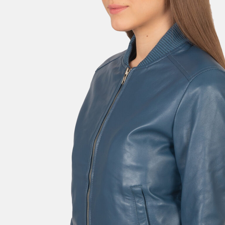 Womens Bliss Blue Leather Bomber Jacket Close-Up-9-1659372733267